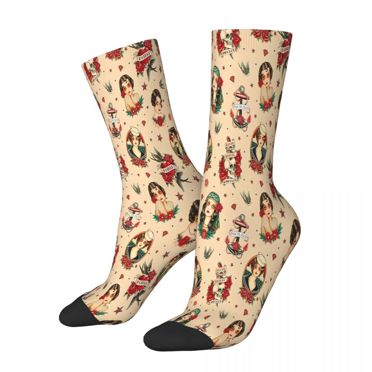 custom printing Old School Tattoo Beige Socks Male women Autumn Stockings 