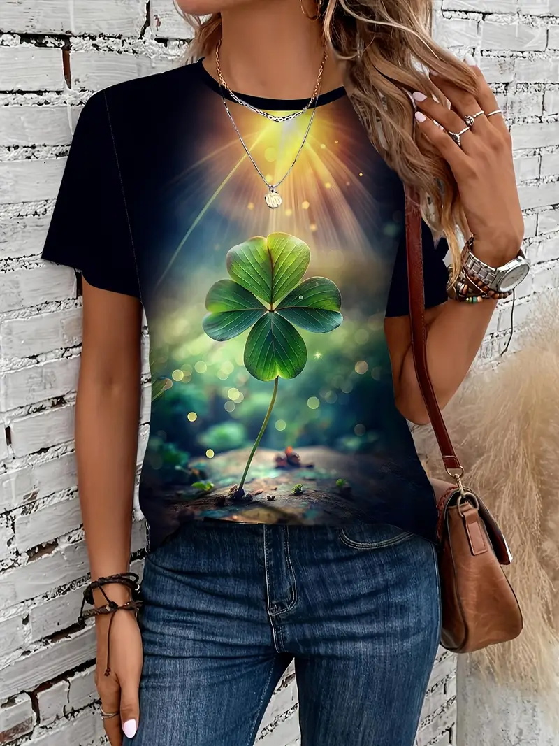 premium products women St Patrick S Day T Shirt Full Print Glitter Graphic Crew Neck Short Sleeve Tshirts New In Casual Party T 