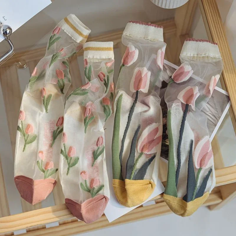 online selling Ultra thin Transparent Crystal Silk Socks women Fashion Summer Harajuku Crew Socks Retro Flower Streetwear 