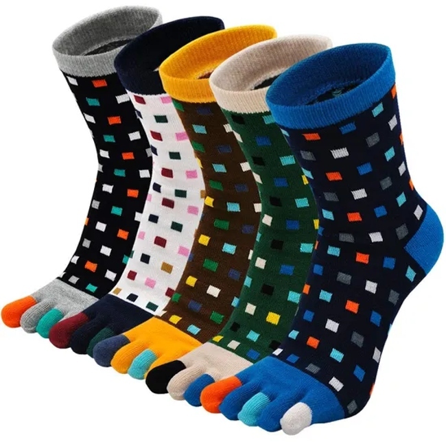 Custom Men′s Polka DOT Stripe 100% Cotton Five Finger Crew Toe Socks