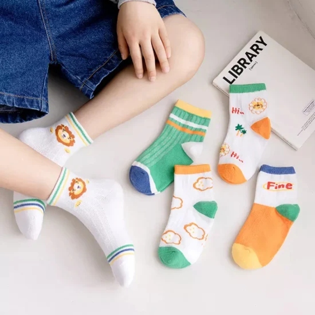 Baby Forest Lion Cartoon Knitted Kids Combed Cotton White Green Color Crew Short Seamless Socks