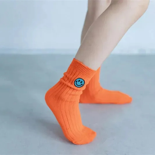 Custom Embroidered Smile Face Baby Crew Socks Premium Cotton Toddler Kids Slouch Socks