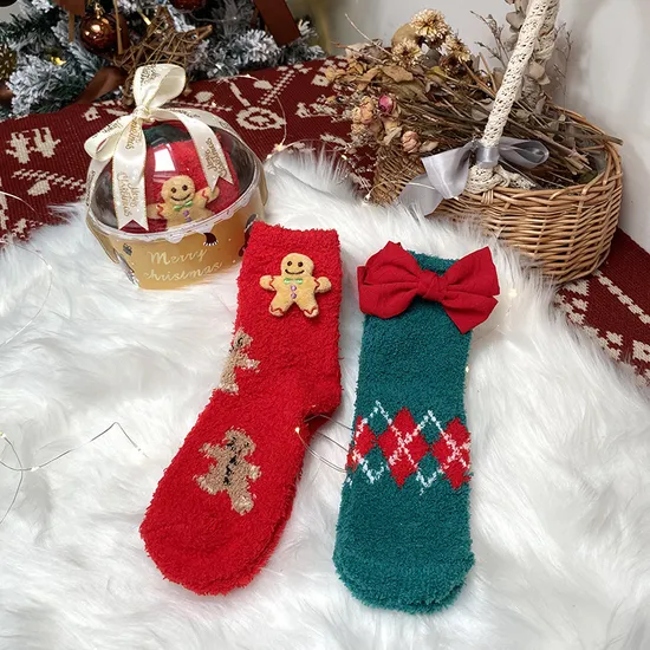 Christmas Gift Box Crystal Ball 2 Pairs Cute Cartoon Thickened Women′s Socks Bow Coral Velvet Home Floor Socks