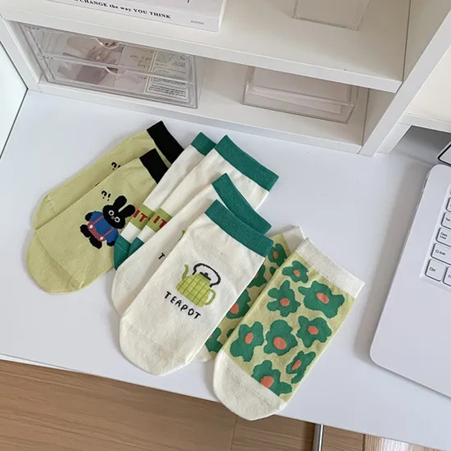Socks Women′s Straight Board Short Socks Summer Thin Japanese Sweet College Style Green Black Rabbit Flower Cotton Socks