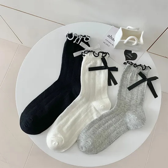 Summer Thin Mesh Breathable MID-Calf Socks Japanese Girls Ballet Style Heel Bow Stacked Socks