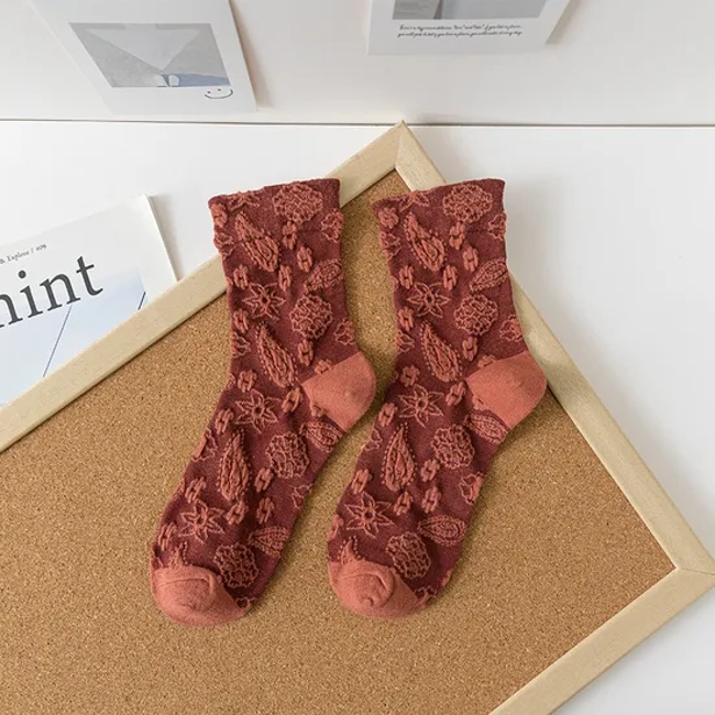 Spring Section Sweat Anti Oduor Breathable Trend Retro Palace Style Small Flower Three-Dimensional Embossed Casual MID-Calf Socks