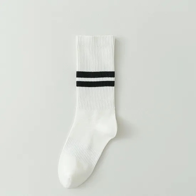 Socks Women′s Autumn and Winter College Style Solid Color Black and White Two Bar Simple Stripe Sports Outer Wear Hundred Long Socks
