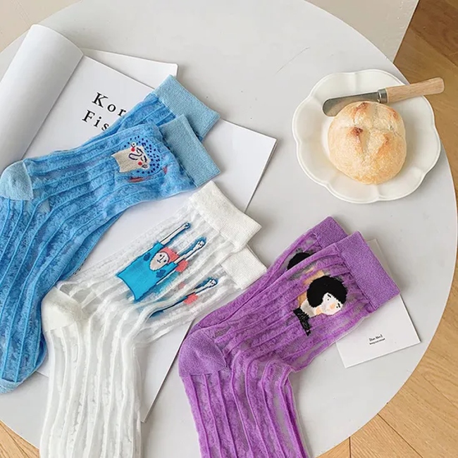 Socks Women′s Spring and Summer New Cartoon Character Graffiti Stripes Girls Wind Kasi Middle Cylinder Socks Cool Skin Transparent Glass Stockings Socks