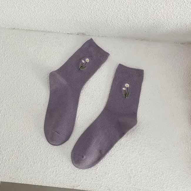 New Candy Colored Flower Embroidered Pile Socks Women Cotton Socks