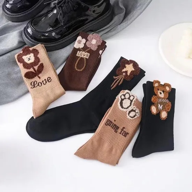 Fall and Winter Feather Yarn Cartoon Three-Dimensional Cotton MID-Tube Women′s Socks