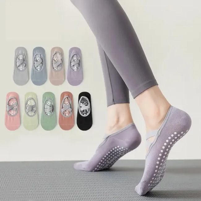 Non-Slip No Show Yoga Socks with Cross Elastic Straps, Ideal for Pilates, Barre, Floor Exercises, Ballet, Stretching, and Studio Workouts