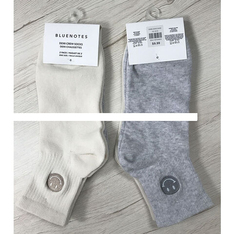 Durable Ladies cotton polyester spandex knitted PK demi crew socks, g pair, GG, YWHITE GREY EMB SMILEY