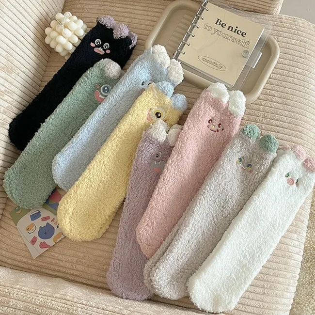 Winter Coral Velvet Sleeping Socks Thick Warm Floor Socks Cute Cartoon Plush Grip Socks