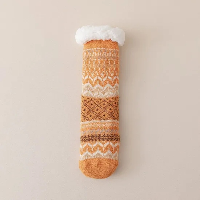 Lamb′s Wool Floor Socks Women′s Autumn and Winter Padded Thickened Warm Non-Slip Silicone Home Socks Ethnic Style MID-Calf Socks