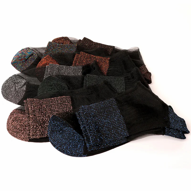 cost-effective Women Summer Fashion Ultrathin Transparent Socks Glitter Crystal Glass Silk Socks Beautiful Lace Shiny Elastic 