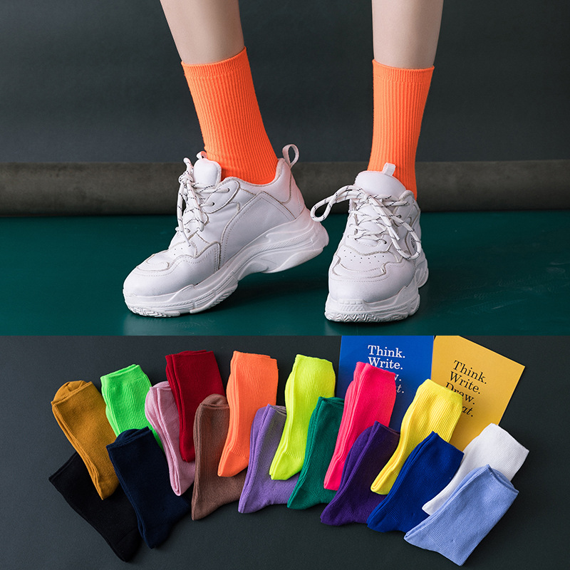 fast delivery Colorful Harajuku Retro women Lady Cotton Socks Fluorescent Neon Color Korean Purple Yellow Pink Designer 