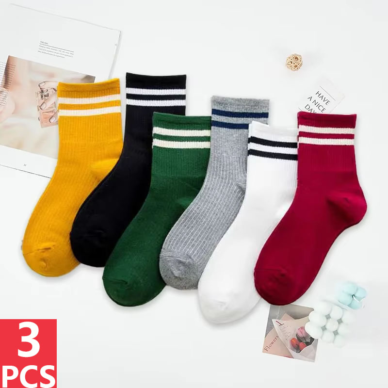 Good Value Spring Socks women Korean Style Version of The Two Bars Striped Harajuku Long Cute Crew Rainbow Cotton White 