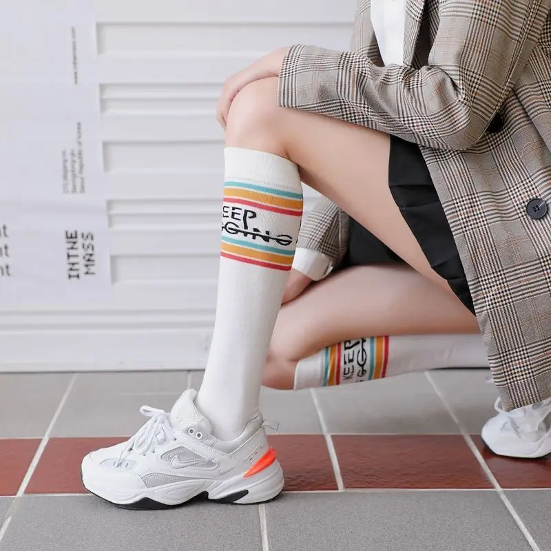 Low-cost women Cotton Knee High Socks Black White Solid Fashion Casual Calf Female Girl Party Dancing Sexy Striped Long 