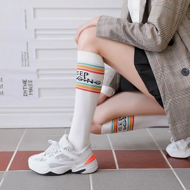 Low-cost women Cotton Knee High Socks Black White Solid Fashion Casual Calf Female Girl Party Dancing Sexy Striped Long 