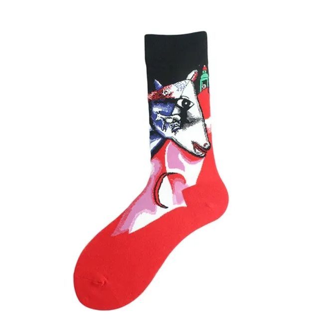 Customized Fashion Men′s Good Quality Cotton Painting Jacuqrad Formal Crew Socks