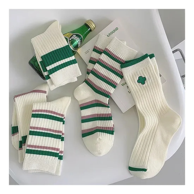 Men Women Unisex Gym Custom Embroidered Long Basic Vintage Ribbed Cable Knit Crew Work Dress Socks Black and White with Stripes