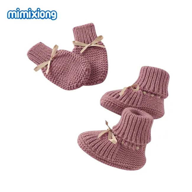 Mimixiong Baby Shoes Glovers Sets Ribbon Knot Knitted Casual Month New Born Baby Mittens Baby Shoes Sock