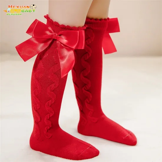 Sweet Solid Color Bow Cotton Long Knee High Baby Kids Stocking Socks