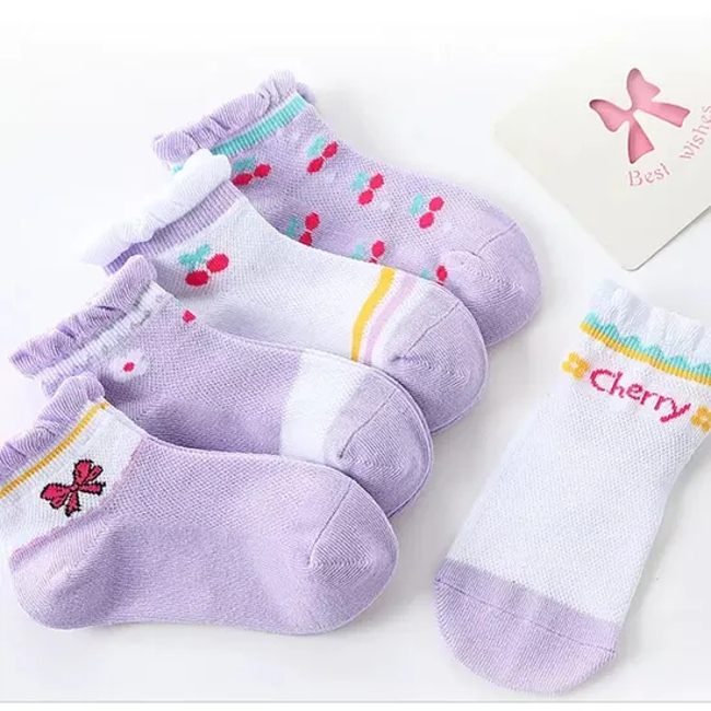 Baby Princess Ankle Socks Kids Little Girls Cotton Purple Cherry Bowknot Knitted Crew Baby Socks