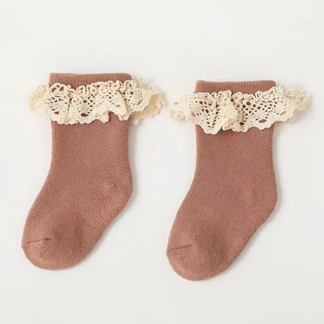 Trendy Baby Girl Solid Ribbed Thin Cotton Cute Lace Ruffle Princess Socks