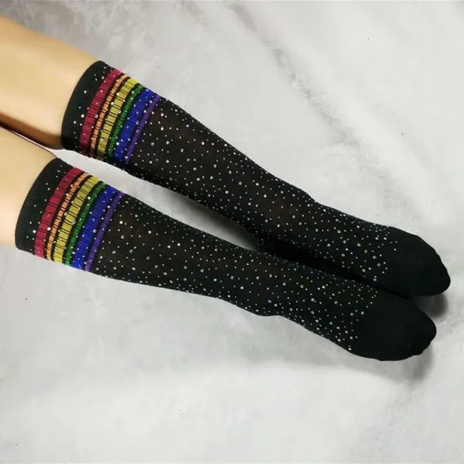 Wholesale Ladies Rainbow Striped Bling Long Socks Spark Rhinestone Glitter Socks for Women