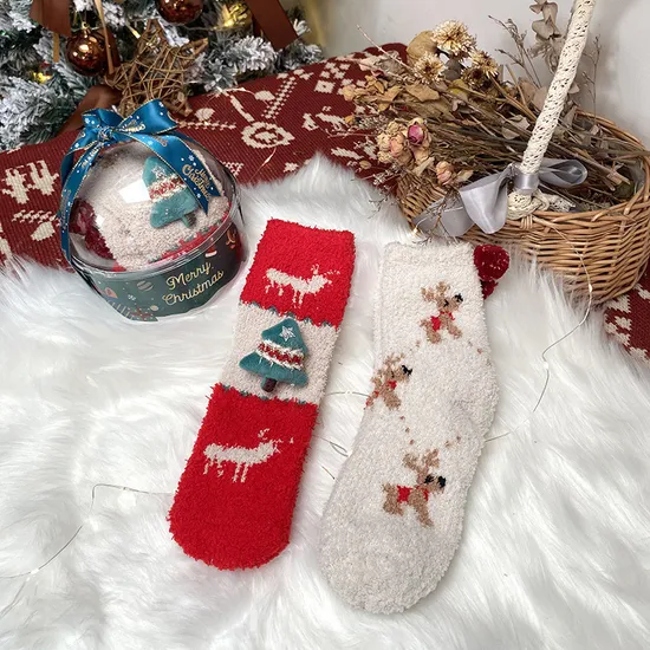 Christmas Gift Box Crystal Ball 2 Pairs Cute Cartoon Thickened Women′s Socks Bow Coral Velvet Home Floor Socks
