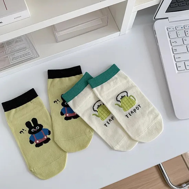 Socks Women′s Straight Board Short Socks Summer Thin Japanese Sweet College Style Green Black Rabbit Flower Cotton Socks