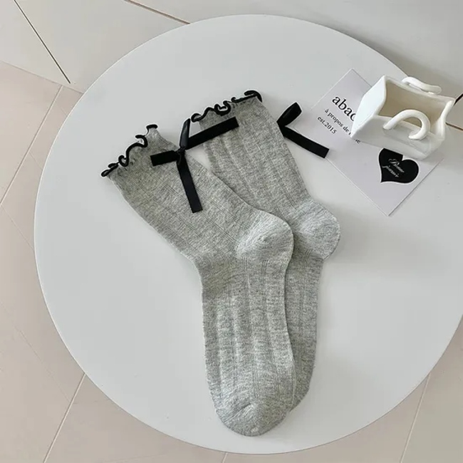 Summer Thin Mesh Breathable MID-Calf Socks Japanese Girls Ballet Style Heel Bow Stacked Socks