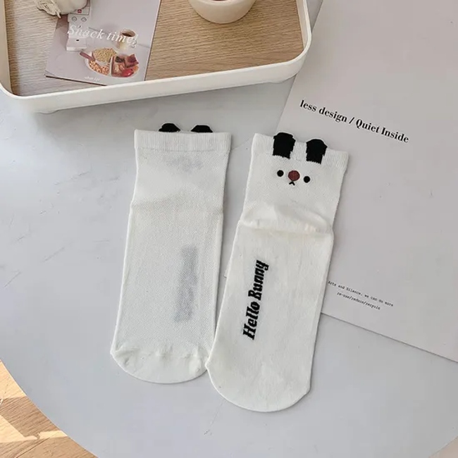 Mesh Socks Cartoon Socks Black and White Bunny Stereo Ears Underfoot Letters New Women′s Socks Cotton Socks
