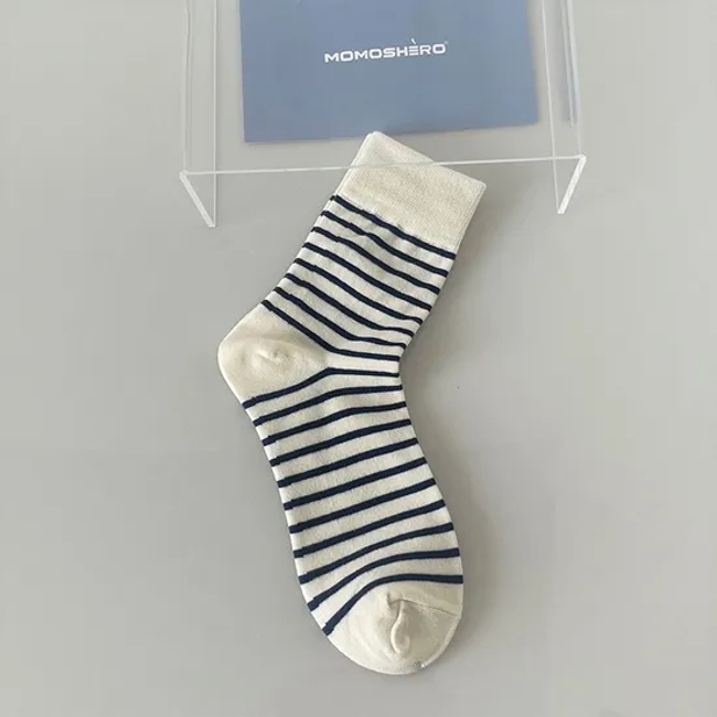 Spring and Summer New Blue Combed Cotton MID-Calf Socks Women M Letter Stripe Couple Socks