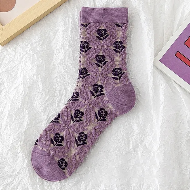 Four Seasons Japanese Retro Purple Flower Stereo Embossed Trendy Versatile Personalized Flower Pattern MID-Calf Socks