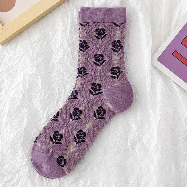 Four Seasons Japanese Retro Purple Flower Stereo Embossed Trendy Versatile Personalized Flower Pattern MID-Calf Socks