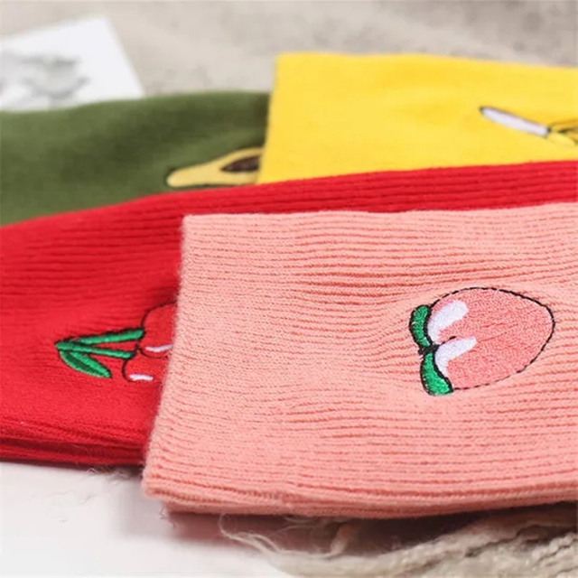Cute Cartoon Fruit Print Banana Cherry Peach Girls Socks Korean Embroidery Funny Long Socks