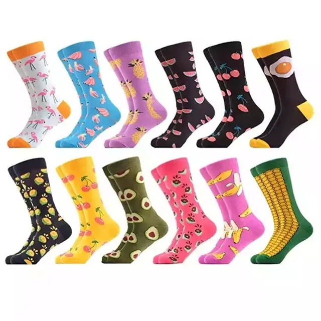 Custom Wholesale Fashion Colorful Patterns Animals Fruit Plant Cute Cool Crew Men Women Happy Socks Unisex Organic Cotton Funny Socks
