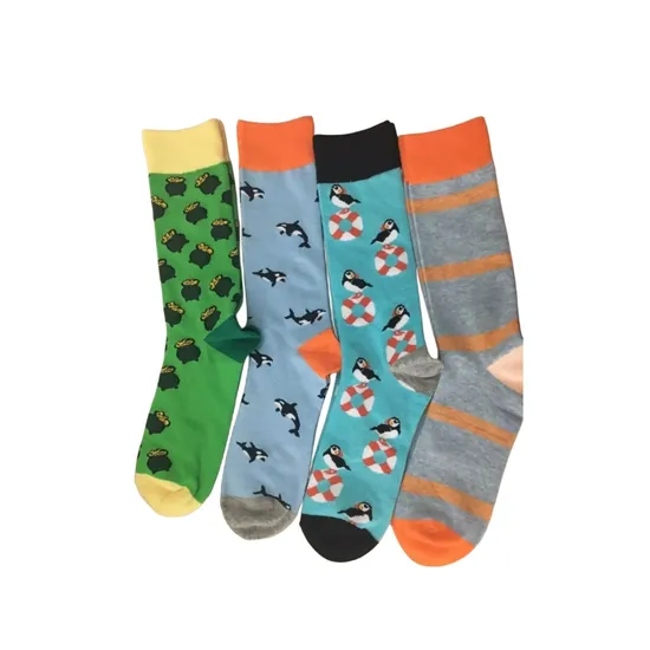 Antibacterial Soft Breathable High Elastic Cotton Colorful Aop Happy Design Men Ankle Crew Socks