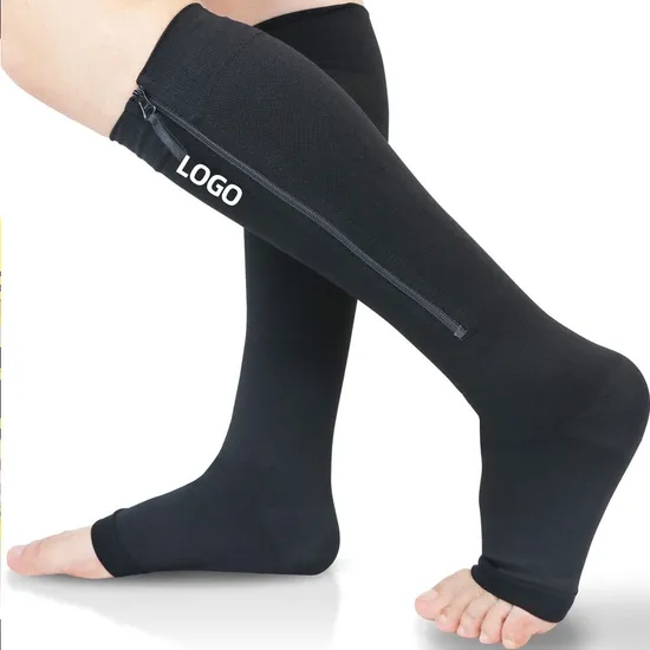 Wholesale Custom Logo Low Cut 20-30 Mmhg Open Toe Brown Zip Men Compression Sport Recovery Socks with Zipper