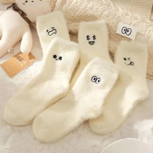 White Embroidered Socks Mink MID-Calf Winter Thickened Warm Student Stockings