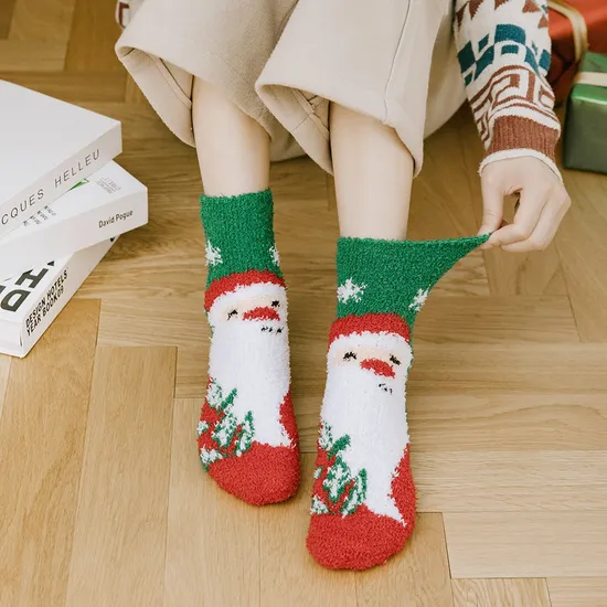 Wholesale Custom High Quality New Style Christmas Packing Socks Cute Colorful Santa Claus Coral Fleece Socks