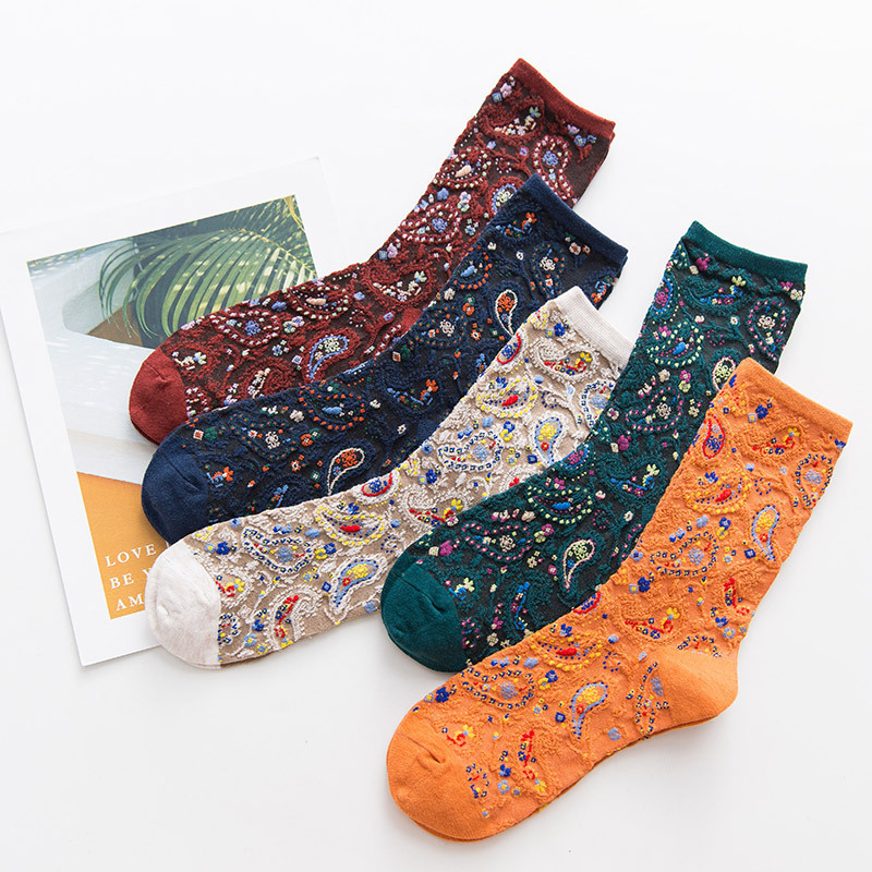 Latest Model Hot Woman Socks Ethnic Floral Print Cotton Long Socks for women Korean Fashion Harajuku Retro Vintage Streetwear 
