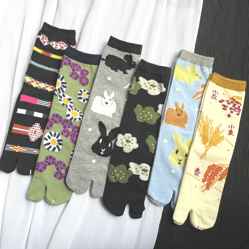 established buyer Cartoon Art Tabi Socks For women Harajuku Split Toe Socks High Quality Combed Cotton Thin Crew Cute Two Toe 