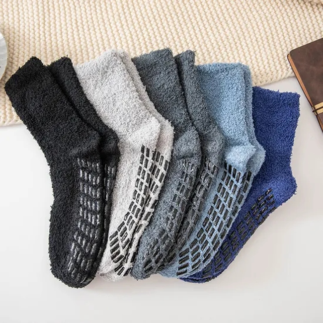 Coral Velvet Socks Men′s Winter Thick Half Side Solid Color Warm Socks