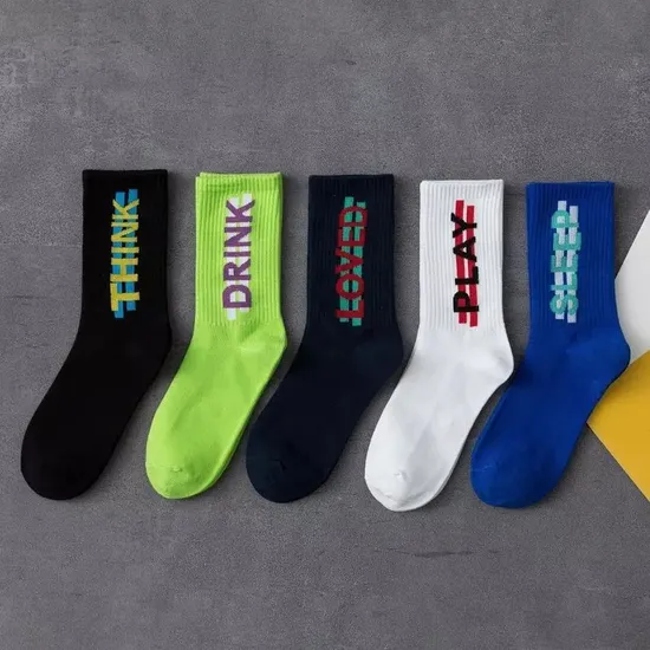 Socks Blue Crew Fashion Black Letter Solid Color Socks Sports for Men