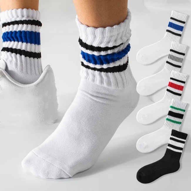 Solid Color Retro Medium Length Cotton Sports Striped Crew Socks for Men and Women