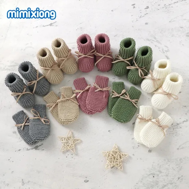 Mimixiong Baby Shoes Glovers Sets Ribbon Knot Knitted Casual Month New Born Baby Mittens Baby Shoes Sock