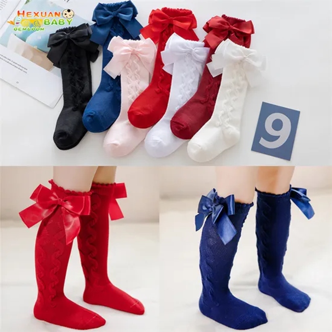 Sweet Solid Color Bow Cotton Long Knee High Baby Kids Stocking Socks